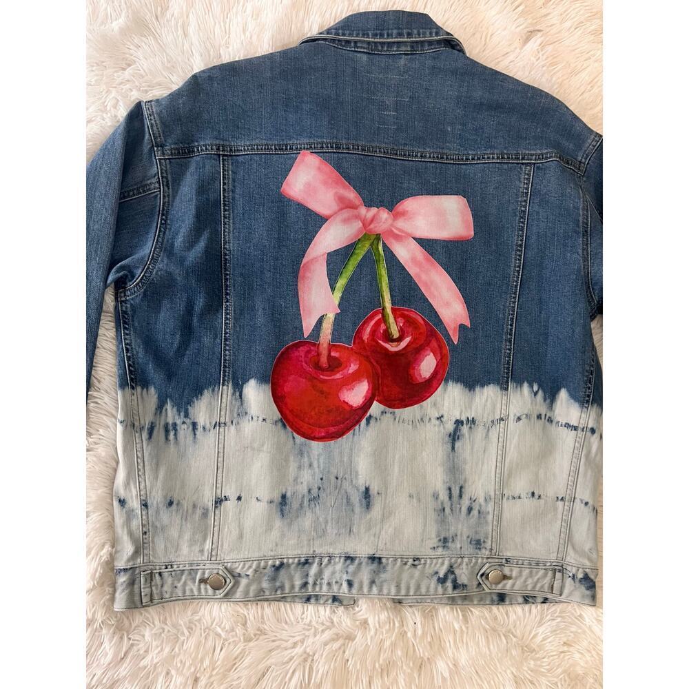 ☀️L.T.J. Letter to Juliet Dip Dye Pink Bow Cherries Denim Jean Jacket Size Small